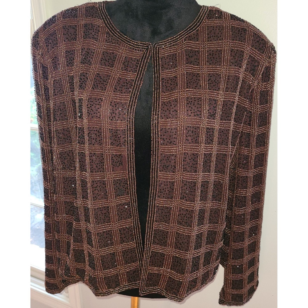 Vtg Papell Boutique Open Front Jacket Cocktail Silk Beaded Brown 2X Sophisticatd